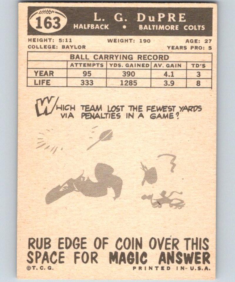 1959 Topps #163 L.G. Dupre UER Football NFL Colts Vintage 04383 Image 2