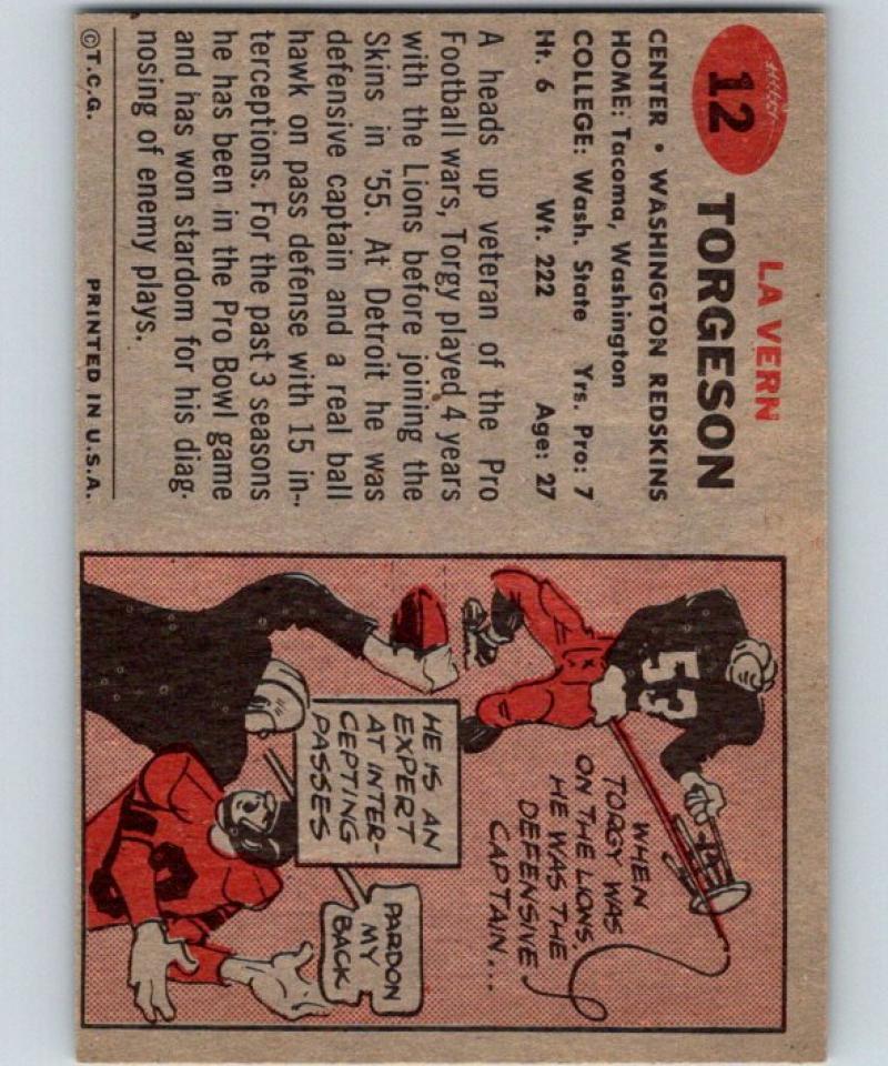 1957 Topps #12 Lavern Torgeson Football NFL RC Rookie Redskins Vintage 04389 Image 2