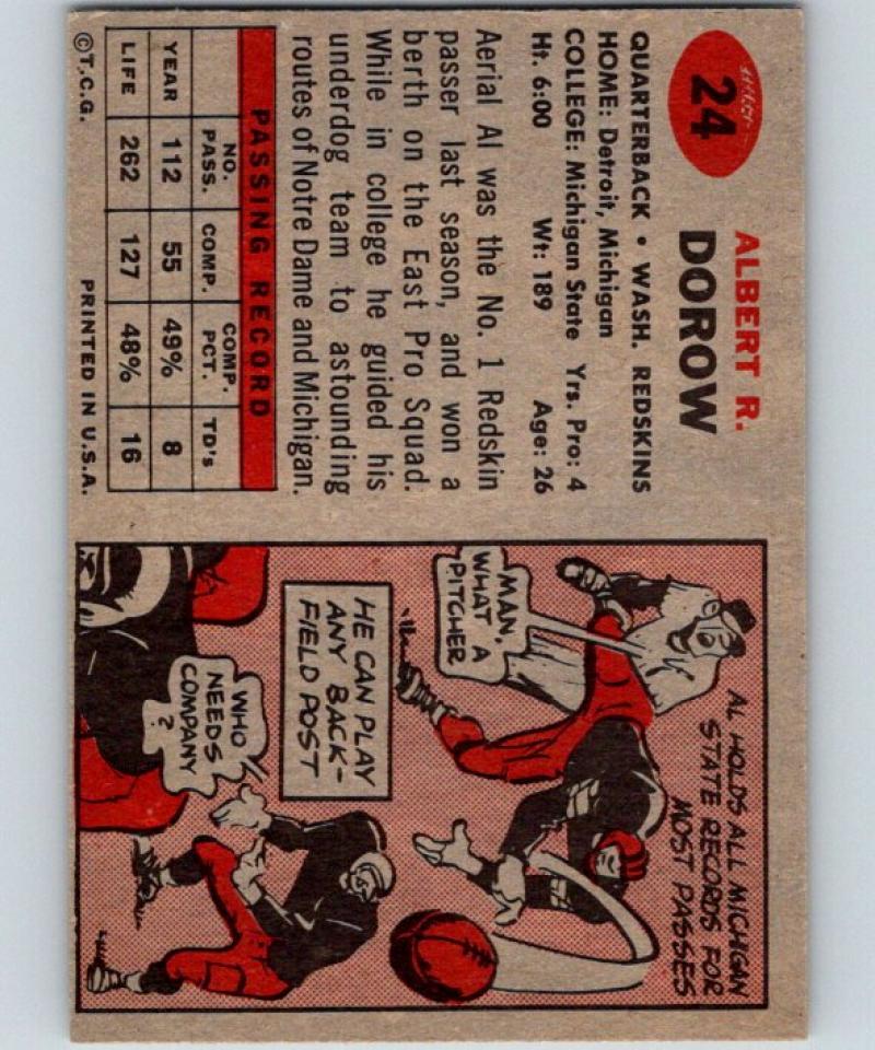 1957 Topps #24 Al Dorow Football NFL Redskins Vintage 04391 Image 2