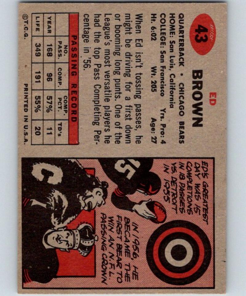 1957 Topps #43 Ed Brown Football NFL Bears Vintage 04396 Image 2
