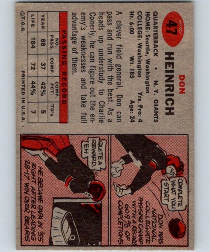 1957 Topps #47 Don Heinrich Football NFL NY Giants Vintage 04397 Image 2