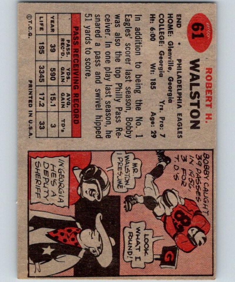 1957 Topps #61 Bobby Walston Football NFL Eagles Vintage 04399 Image 2