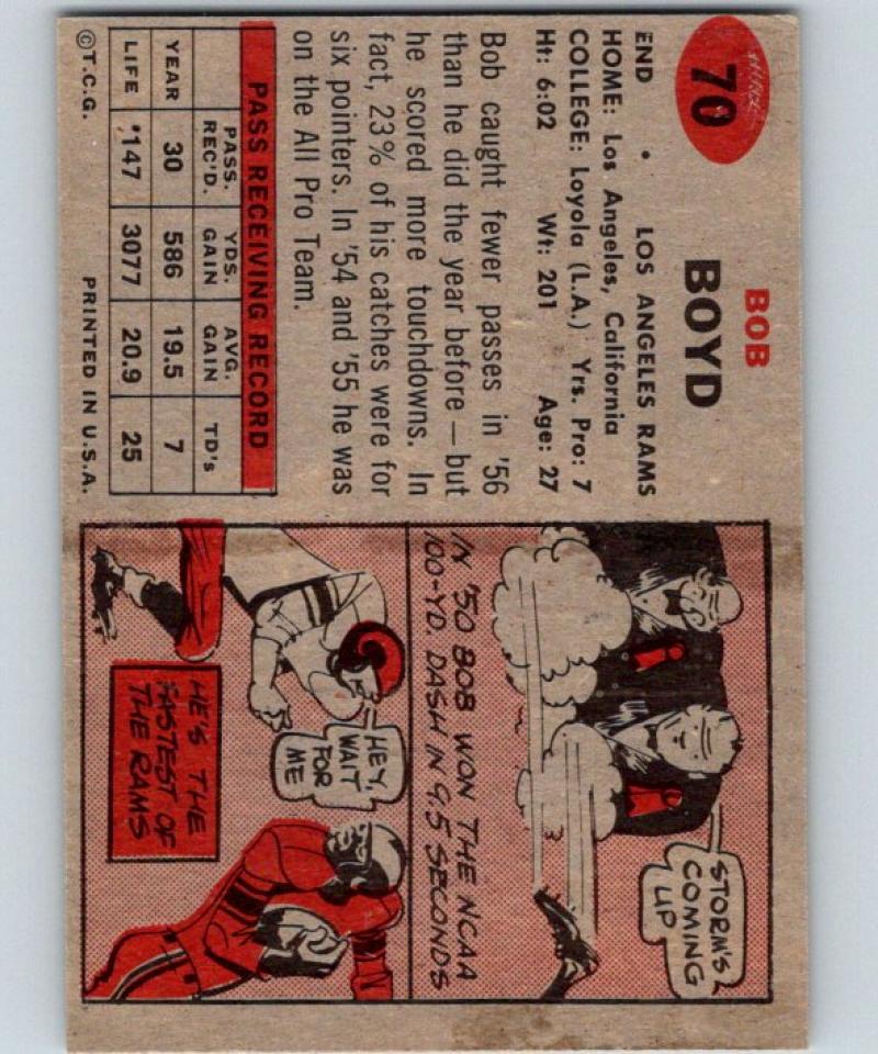 1957 Topps #70 Bob Boyd Football NFL LA Rams Vintage 04401 Image 2