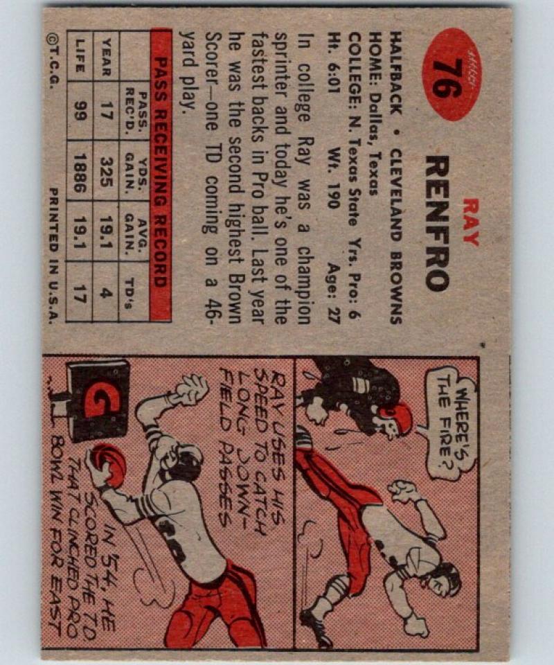 1957 Topps #76 Ray Renfro Football NFL Browns Vintage 04403 Image 2
