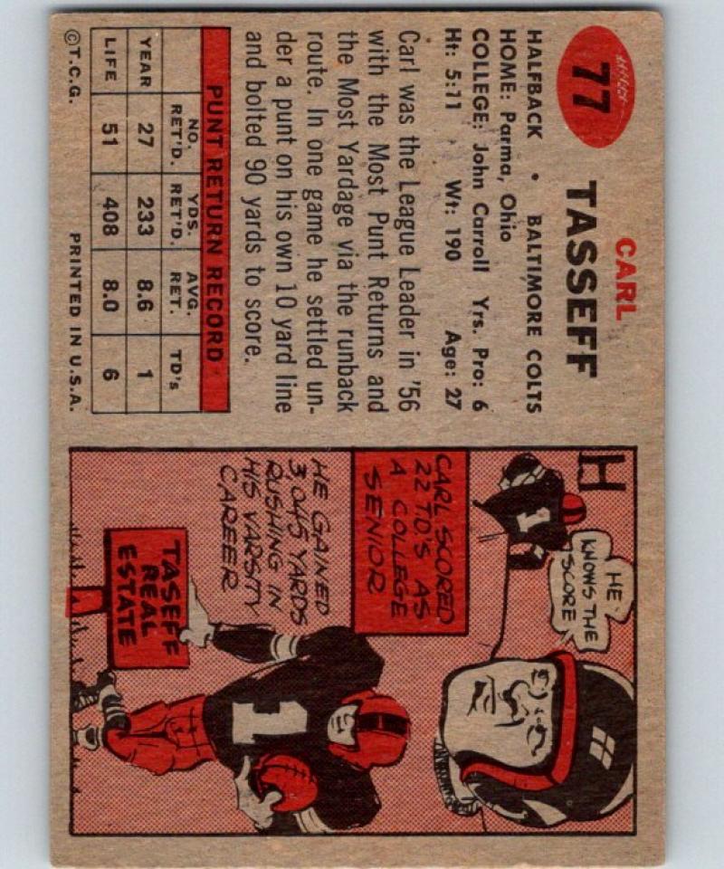 1957 Topps #77 Carl Taseff UER Football NFL Colts Vintage 04404 Image 2