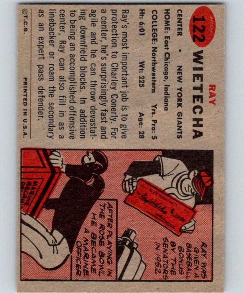 1957 Topps #122 Ray Wietecha DP Football NFL NY Giants Vintage 04406 Image 2