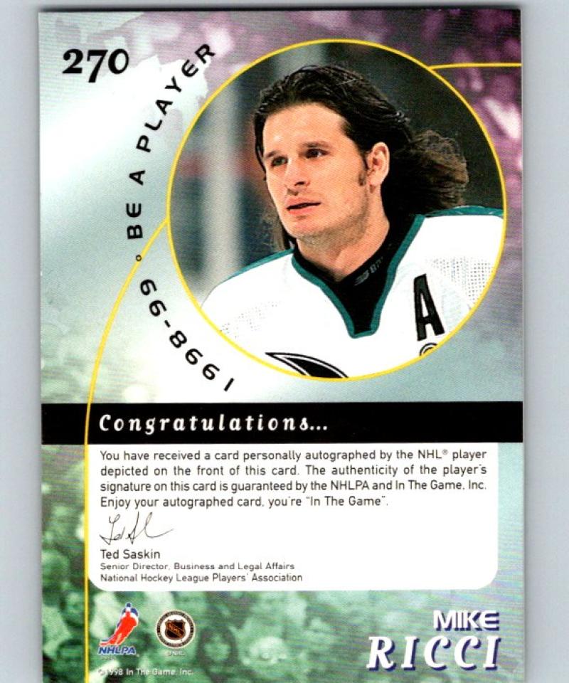 1998-99 Be A Player Autographs Gold Mike Ricci NHL Hockey Auto 04478