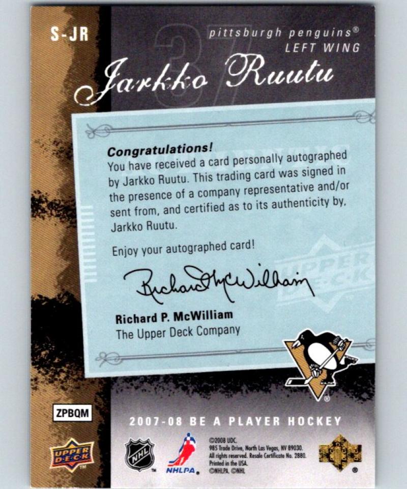 2007-08 Upper Deck Be A Player Signatures #SJR Jarkko Ruutu NHL Auto 04647