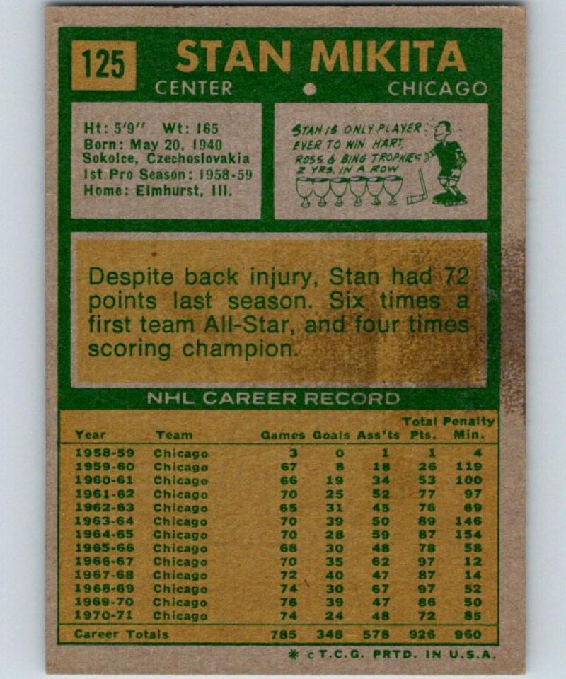 1971-72 Topps #125 Stan Mikita NM Near Mint Hockey NHL Blackhawks Vintage 04725