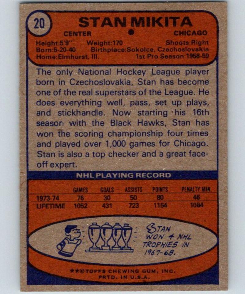 1974-75 Topps #20 Stan Mikita NM-MT Hockey NHL Blackhawks Vintage 04726