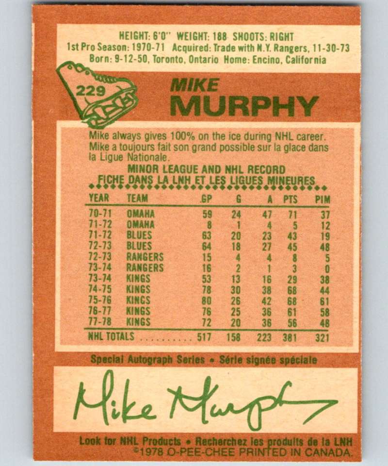 1978-79 O-Pee-Chee #229 Mike Murphy Kings NHL 05727 Image 2