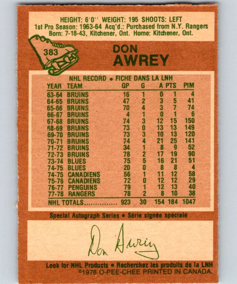 1978-79 O-Pee-Chee #383 Don Awrey Rockies NHL 05883 Image 2