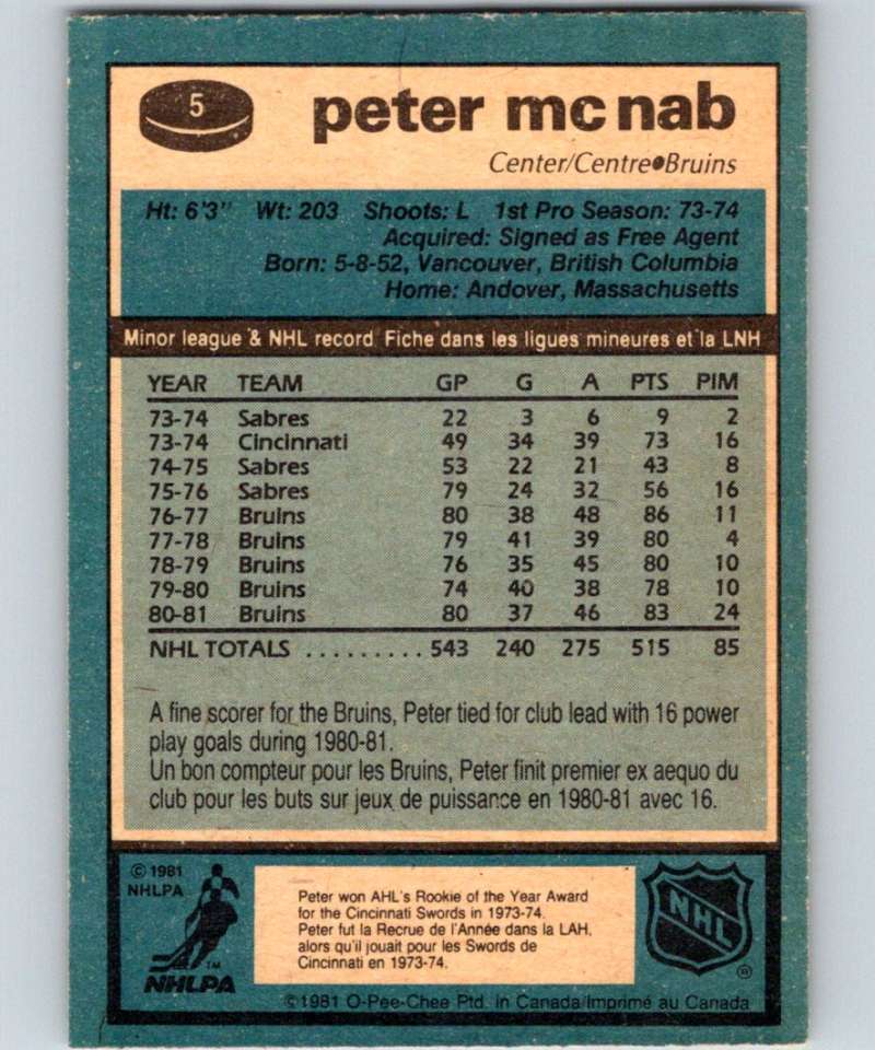 1981-82 O-Pee-Chee #5 Peter McNab Bruins 6297