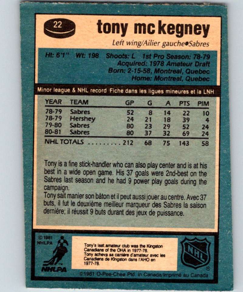 1981-82 O-Pee-Chee #22 Tony McKegney Sabres 6314