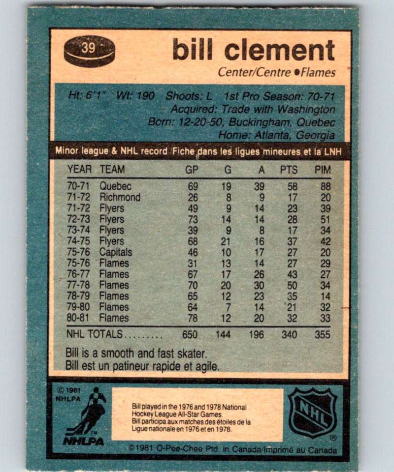 1981-82 O-Pee-Chee #39 Bill Clement Flames 6331