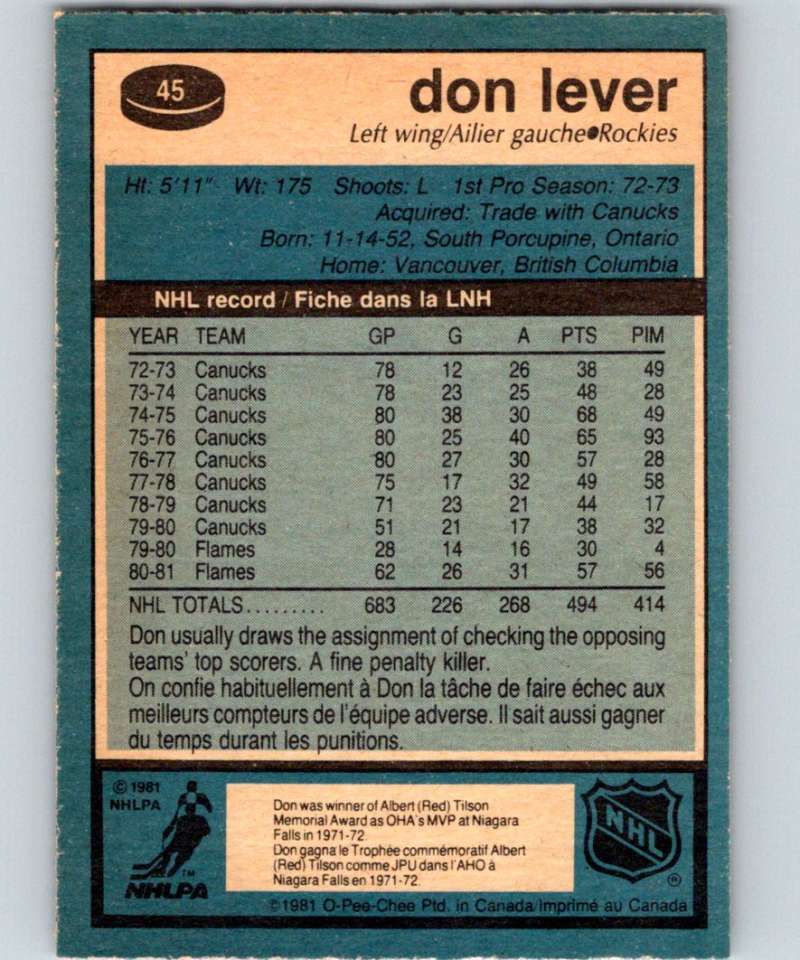 1981-82 O-Pee-Chee #45 Don Lever Rockies 6337