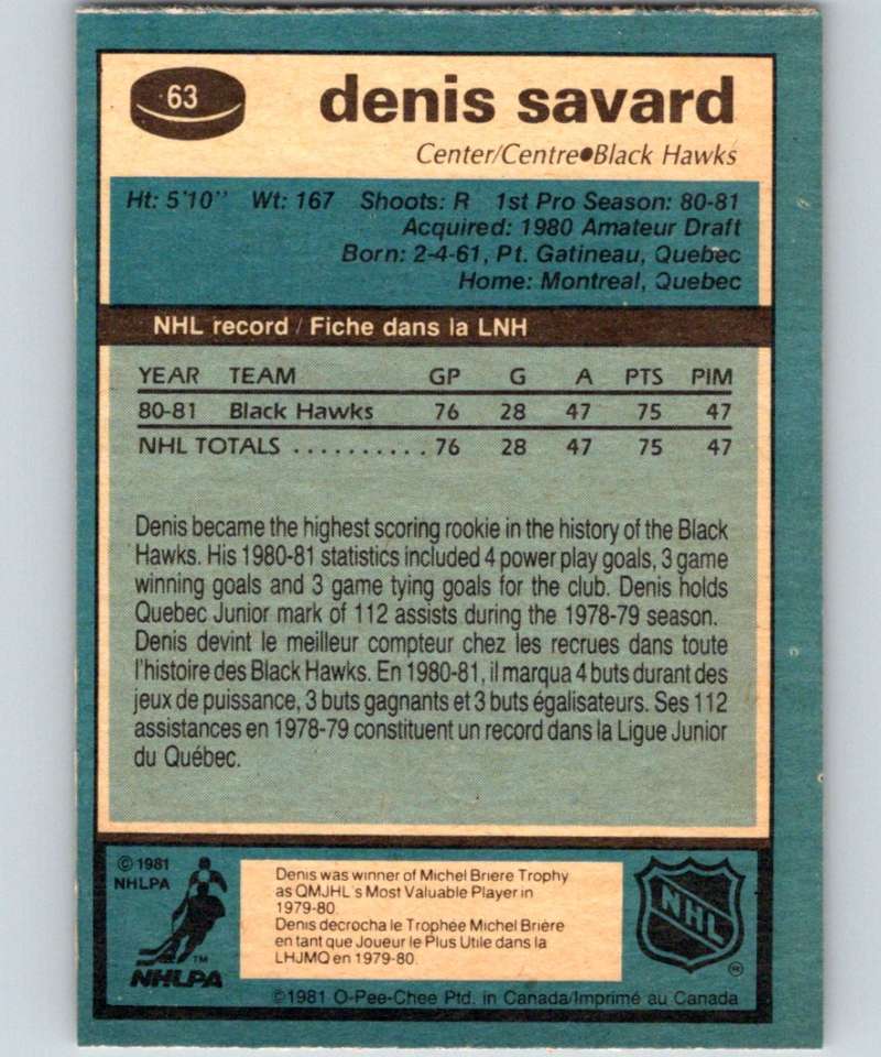 1981-82 O-Pee-Chee #63 Denis Savard RC Rookie Blackhawks 6355