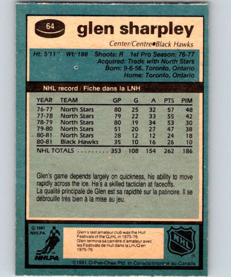 1981-82 O-Pee-Chee #64 Glen Sharpley Blackhawks 6356