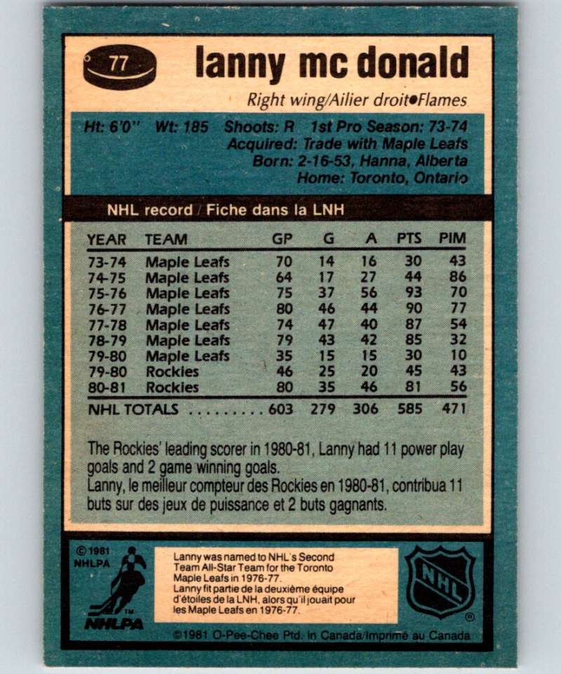 1981-82 O-Pee-Chee #77 Lanny McDonald Flames 6370