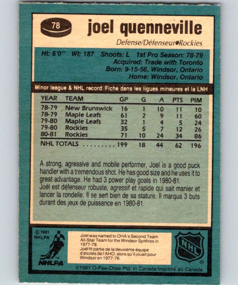 1981-82 O-Pee-Chee #78 Joel Quenneville Rockies 6371