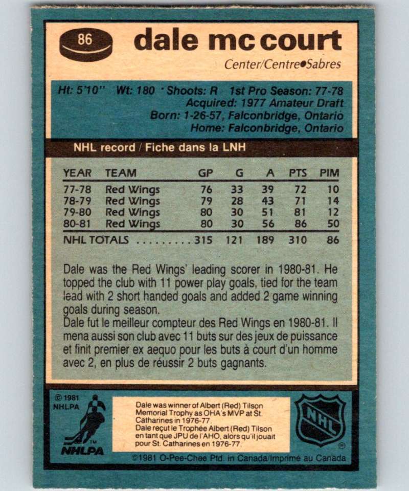 1981-82 O-Pee-Chee #86 Dale McCourt Sabres 6379