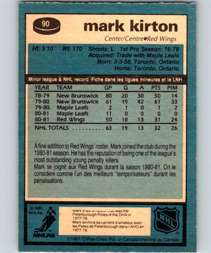 1981-82 O-Pee-Chee #90 Mark Kirton RC Rookie Red Wings 6383