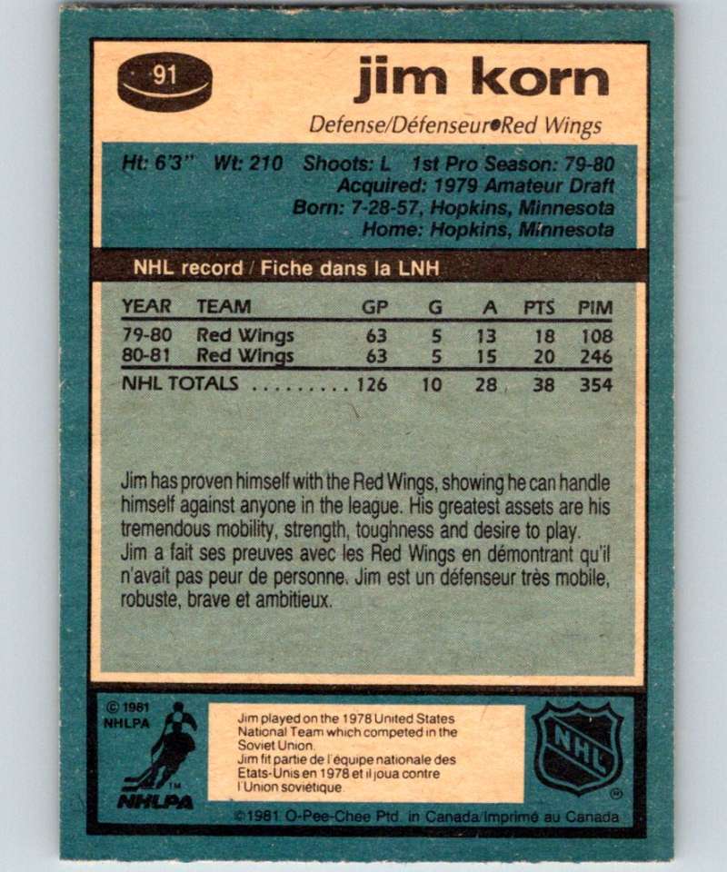 1981-82 O-Pee-Chee #91 Jim Korn RC Rookie Red Wings 6384