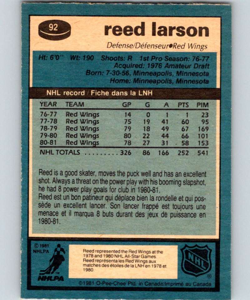 1981-82 O-Pee-Chee #92 Reed Larson Red Wings 6385