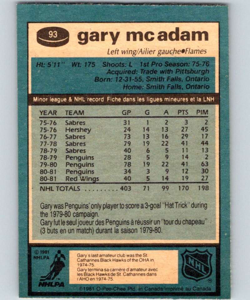 1981-82 O-Pee-Chee #93 Gary McAdam Flames 6386