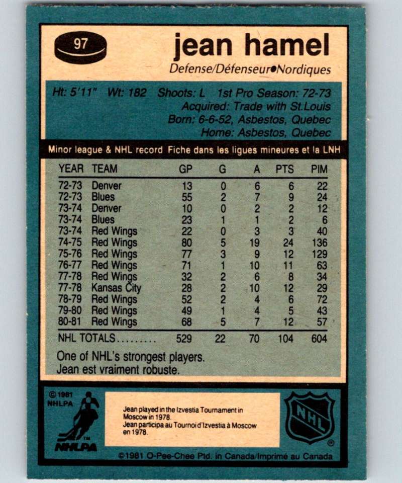 1981-82 O-Pee-Chee #97 Jean Hamel Nordiques 6390