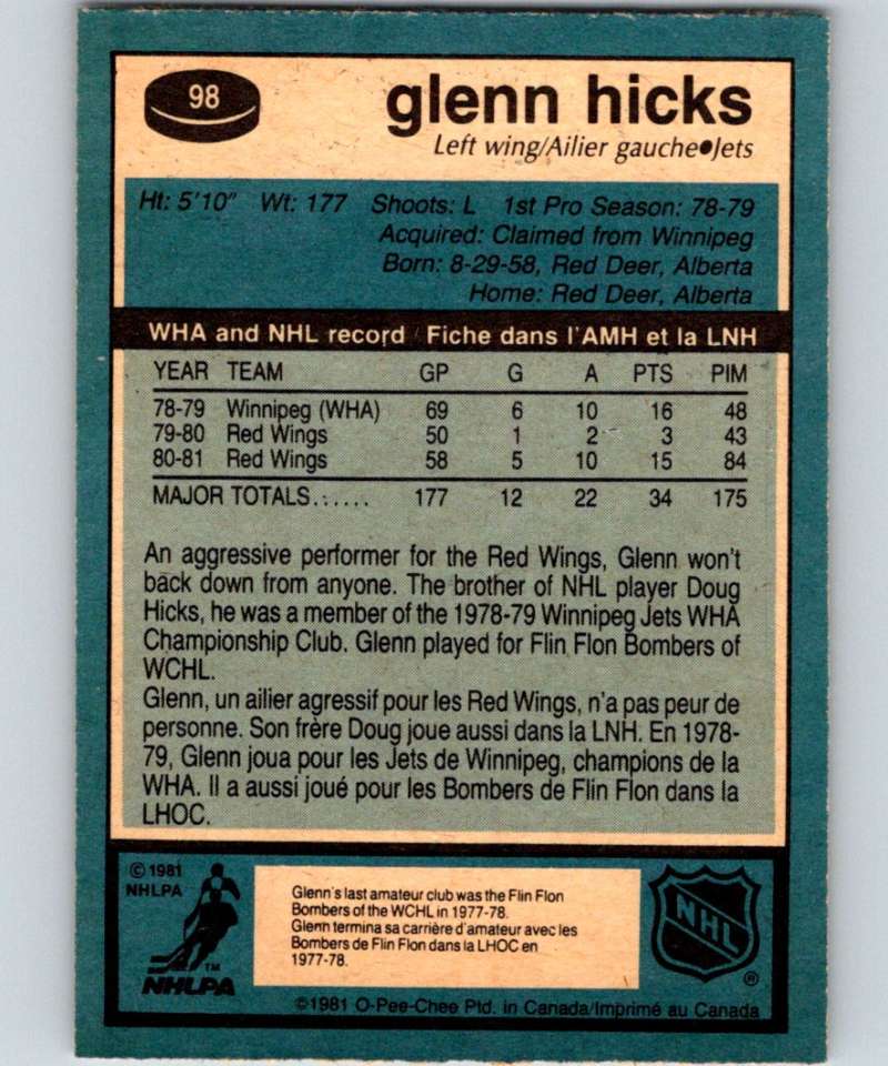 1981-82 O-Pee-Chee #98 Glenn Hicks RC Rookie Winn Jets 6391