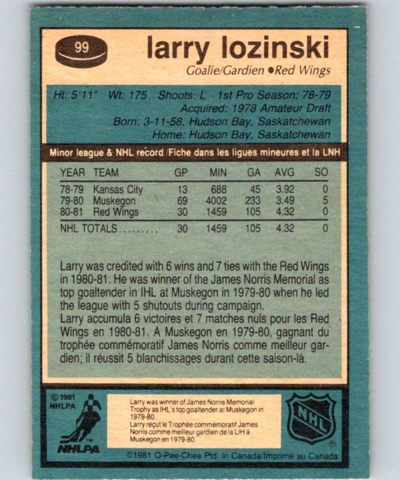 1981-82 O-Pee-Chee #99 Larry Lozinski RC Rookie Red Wings 6392