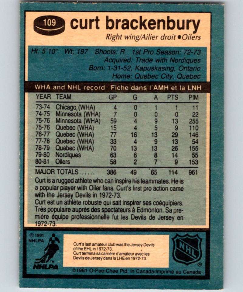 1981-82 O-Pee-Chee #109 Curt Brackenbury Oilers 6402
