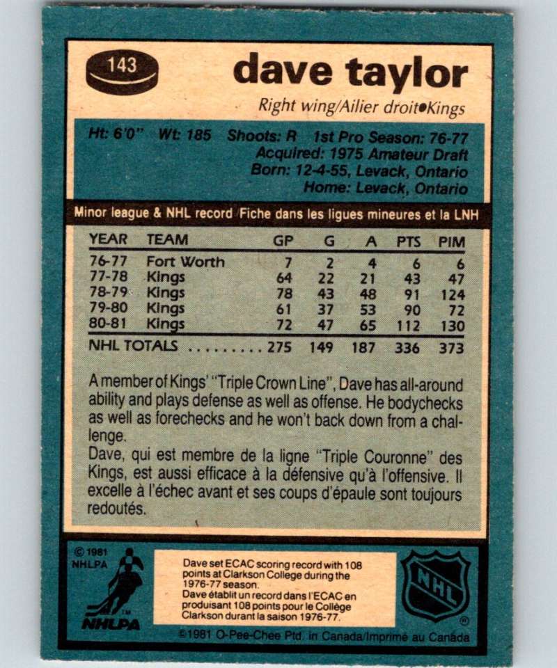 1981-82 O-Pee-Chee #143 Dave Taylor Kings 6436