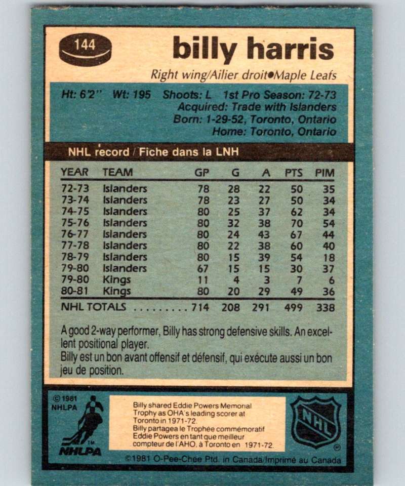 1981-82 O-Pee-Chee #144 Billy Harris Maple Leafs 6437