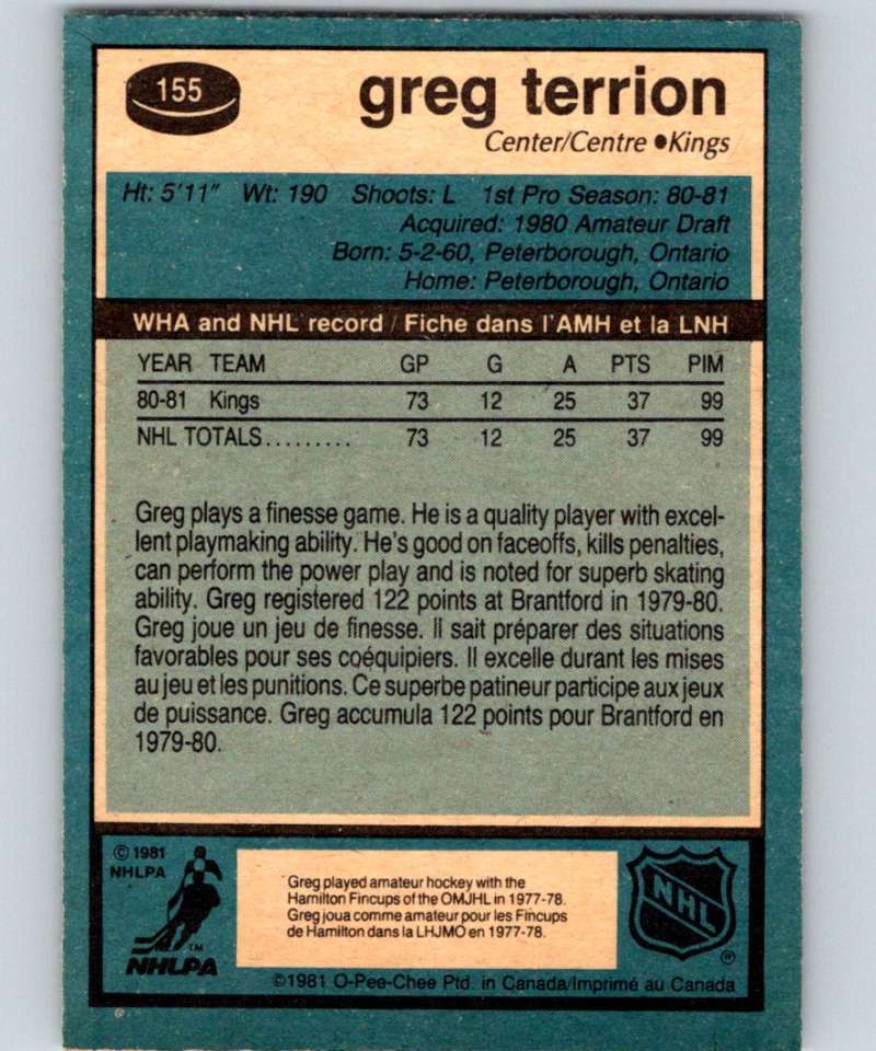 1981-82 O-Pee-Chee #155 Greg Terrion RC Rookie Kings 6448