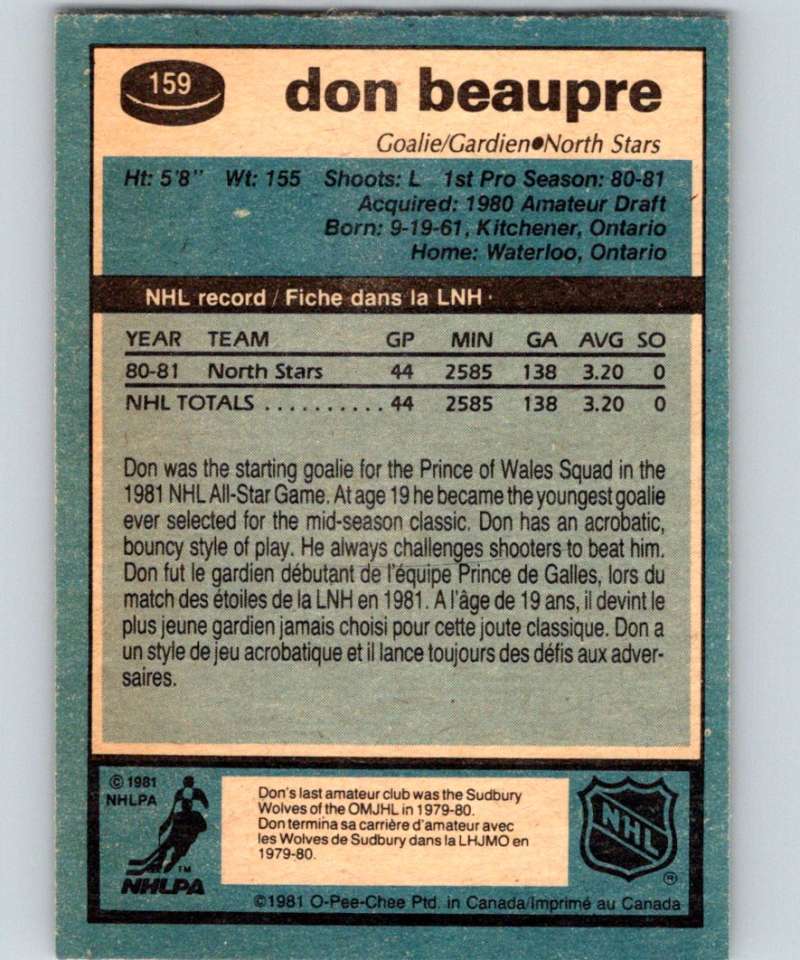 1981-82 O-Pee-Chee #159 Don Beaupre RC Rookie North Stars 6452