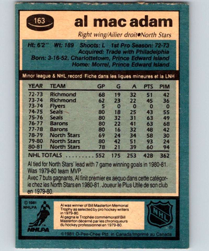 1981-82 O-Pee-Chee #163 Al MacAdam North Stars 6456