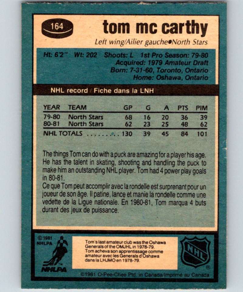 1981-82 O-Pee-Chee #164 Tom McCarthy North Stars 6457