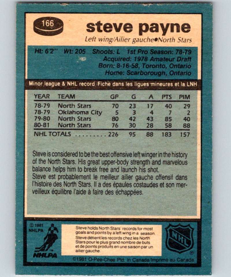 1981-82 O-Pee-Chee #166 Steve Payne North Stars 6459