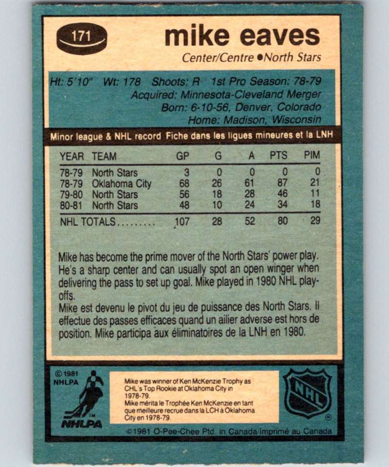 1981-82 O-Pee-Chee #171 Mike Eaves North Stars 6464