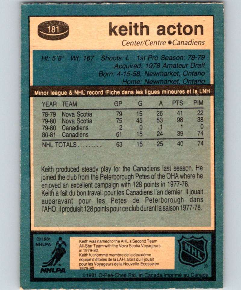 1981-82 O-Pee-Chee #181 Keith Acton RC Rookie Canadiens 6474