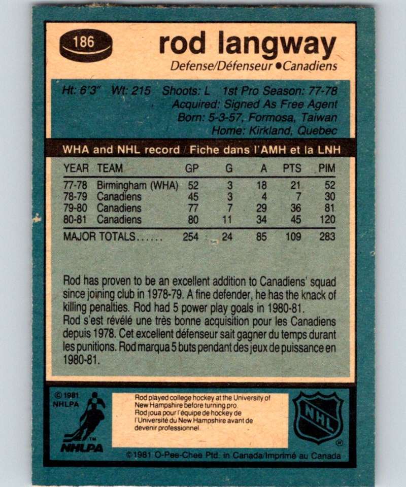 1981-82 O-Pee-Chee #186 Rod Langway Canadiens 6479