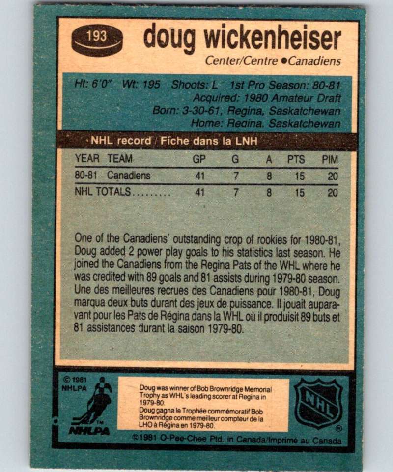 1981-82 O-Pee-Chee #193 Doug Wickenheiser RC Rookie Canadiens 6486
