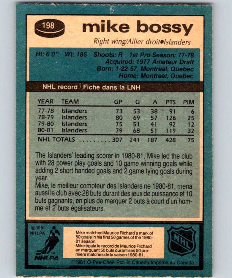 1981-82 O-Pee-Chee #198 Mike Bossy NY Islanders 6491