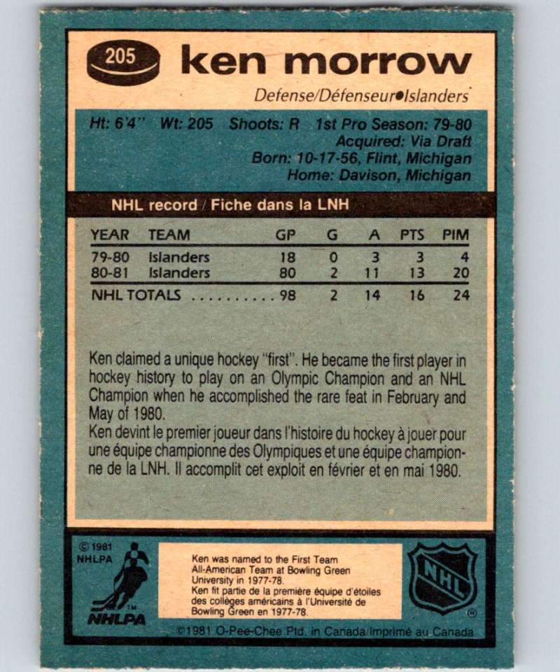 1981-82 O-Pee-Chee #205 Ken Morrow NY Islanders 6498