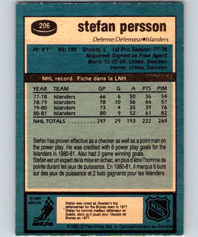 1981-82 O-Pee-Chee #206 Stefan Persson NY Islanders 6499