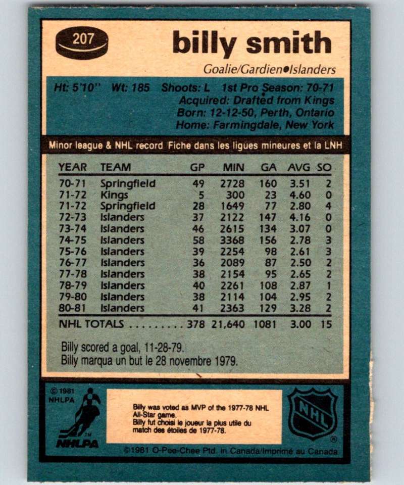 1981-82 O-Pee-Chee #207 Billy Smith NY Islanders 6500