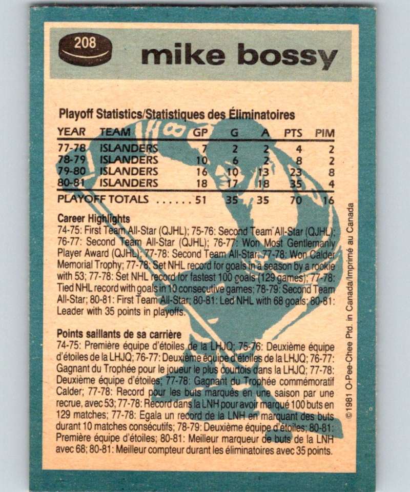 1981-82 O-Pee-Chee #208 Mike Bossy NY Islanders 6501