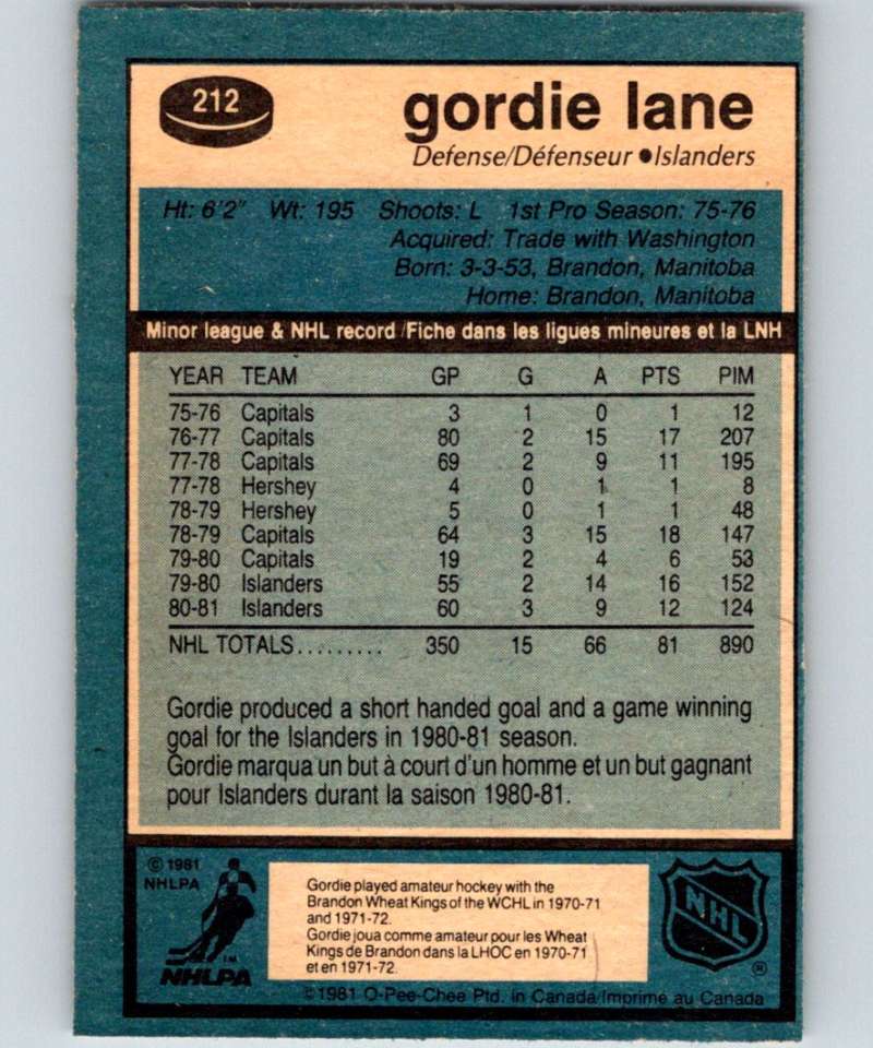 1981-82 O-Pee-Chee #212 Gord Lane NY Islanders 6505